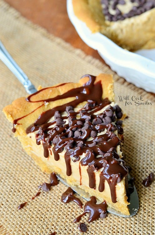 slice of Cookie Crust Peanut Butter Cheesecake Pie on a pie server 