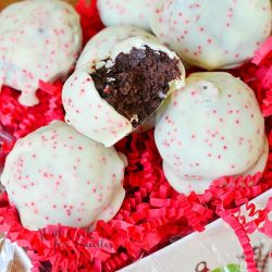 peppermint oreo bites in decorative gift box with shredded red paper with one bite in top