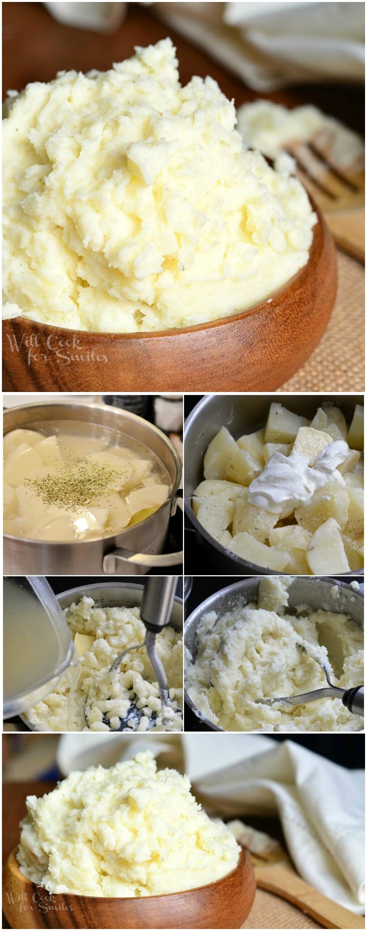 Perfect Mashed Potatoes Recipe collage potatoes in a bowl, potatoes being boiled, potatoes with butter and sour cream, potatoes being mashed, mashed potatoes, and potatoes in wood bowl 