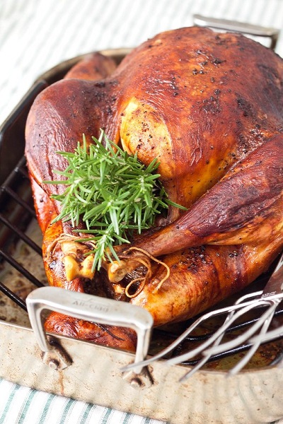 roasted turkey in a roasting pan 