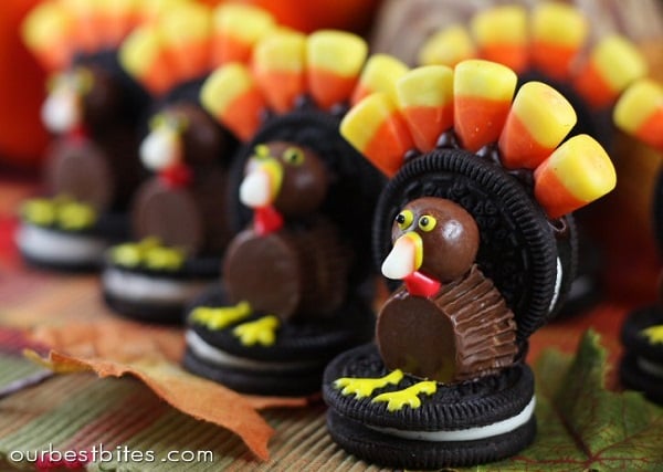 turkey cookies made with oreos and candy corns 