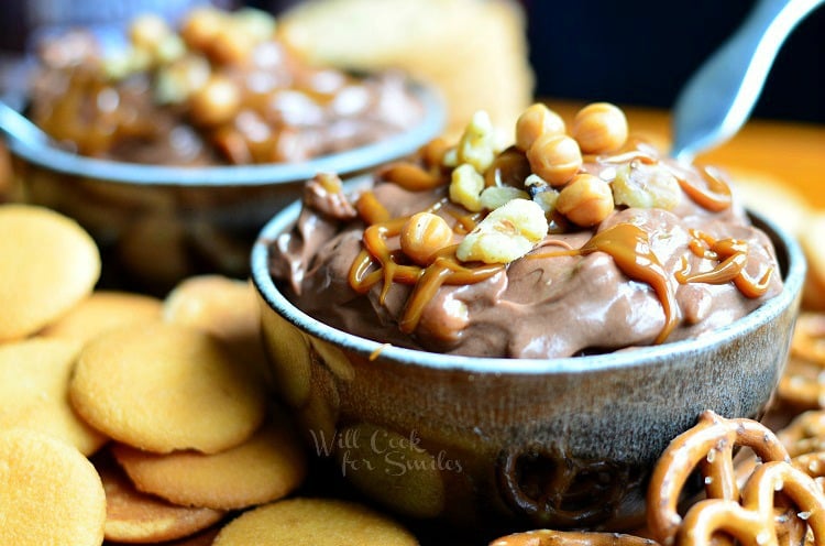 close up horizonal photo of Chocolate Fruit Dip in a blue bowl with pretzels to the right 
