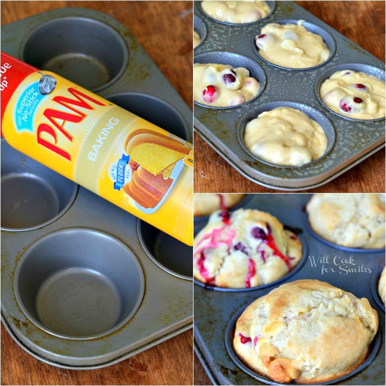 collage of pam for baking on to of a muffin tin, muffin batter in the muffin tin, cooked muffins in a muffin tin 