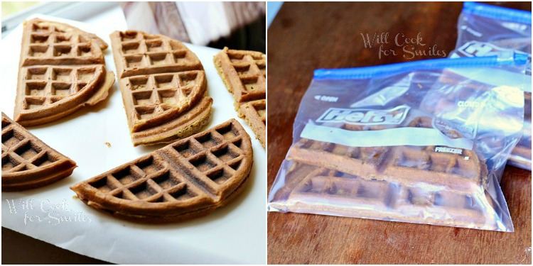 waffles cut in half and 2nd photo waffles in a zip lock freezer bags 
