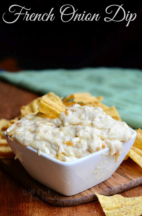 French Onion Dip in a white bowl 