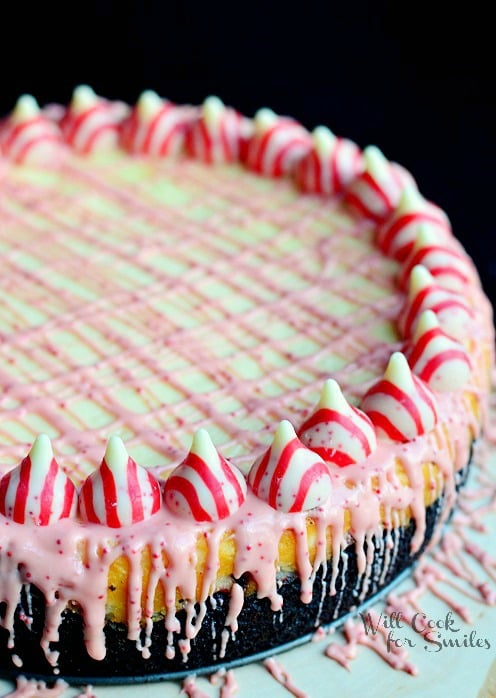 Peppermint Cheesecake with peppermint kisses along the outside and  with Oreo Cake Crust 
