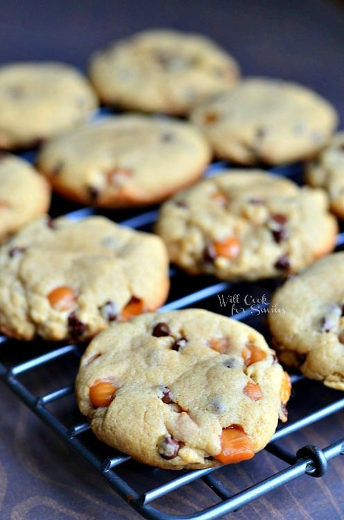 Sumbitches Peanut Butter Chocolate Caramel Cookies on a cooling rack 