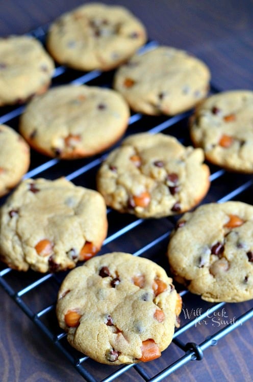 Sumbitches Peanut Butter Chocolate Caramel Cookies on a cooling rack 