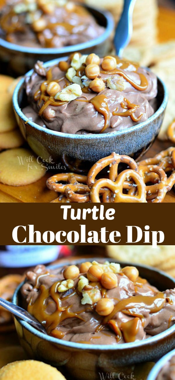 Turtle Chocolate Fruit Dip recipe. This chocolate cheesecake dip is loaded with bits of caramel, pecans, and drizzled with Dulce de Leche.  #dip #chocolate #turtle #fruitdip #dessertdip