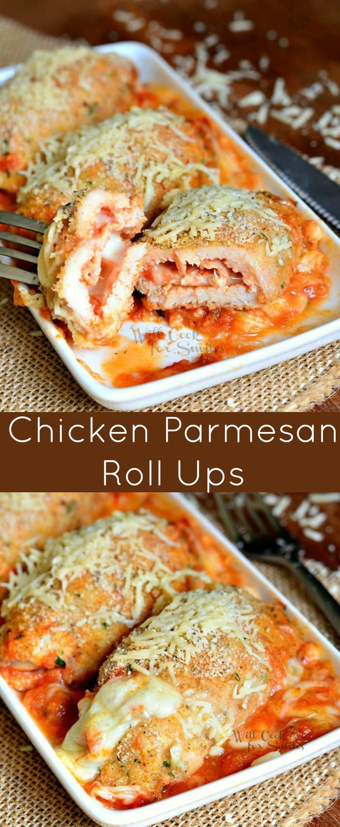 collage of two images: cut chicken roll up on to and full roll ups on a plate on the bottom