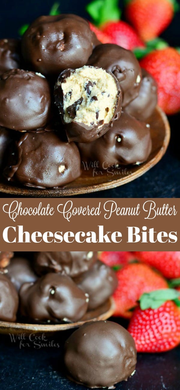 Chocolate Covered Peanut Butter Cheesecake Bites collage 