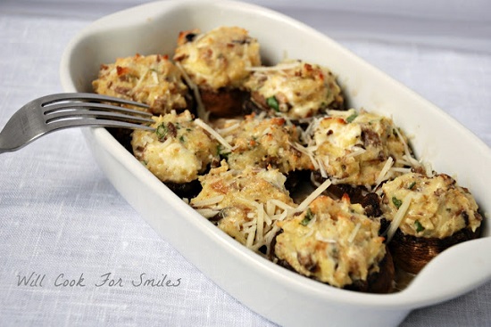 stuffed mushrooms in a baking dish 