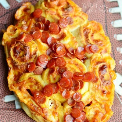 easy football pizza pinwheels on football napkins viewed from above