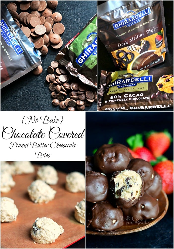 No Bake Chocolate Covered Peanut Butter Cheesecake Bites collage with bags of chocolate 