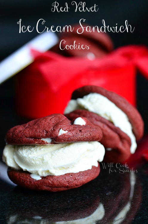 Red Velvet Ice Cream Sandwich Cookies on a black counter top 