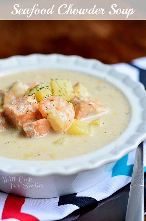 Seafood Chowder Soup in a white bowl 