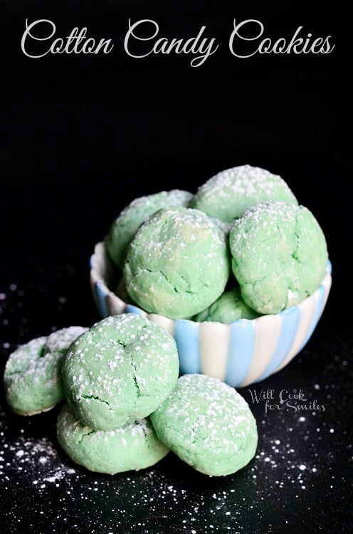 Soft and Chewy Cotton Candy Cookies in a blue and white bowl 
