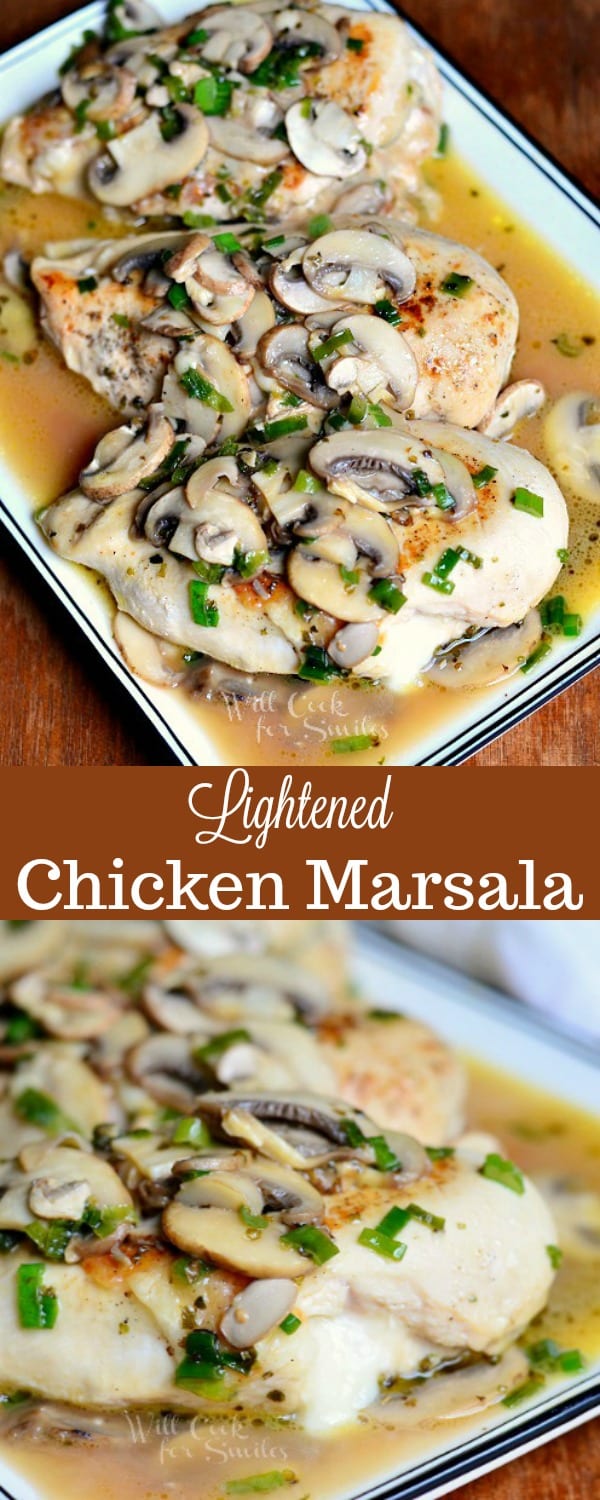 collage top photo is top view of Stuffed Chicken Marsala recipe on a white plate bottom photo chicken marsala on a plate 