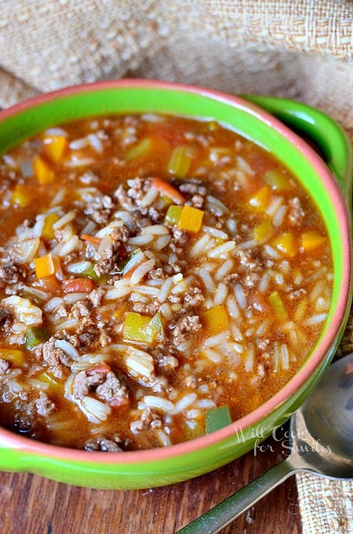 top view photo of Stuffed Peppers Soup in a green soup bowl 