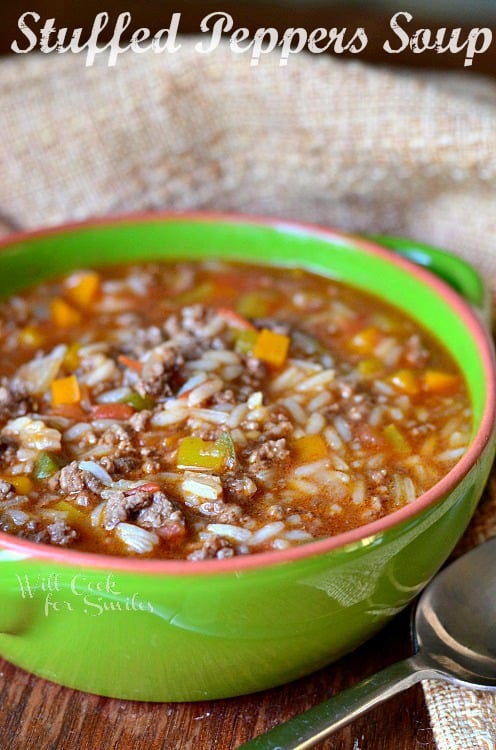 Stuffed Peppers Soup with ground beef, rice, and peppers in a green bowl 