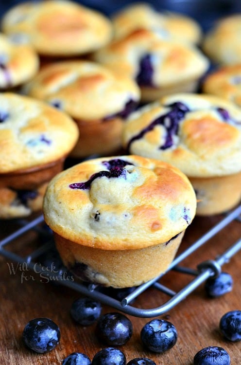 blueberry muffin on a cooling rack with blueberries around