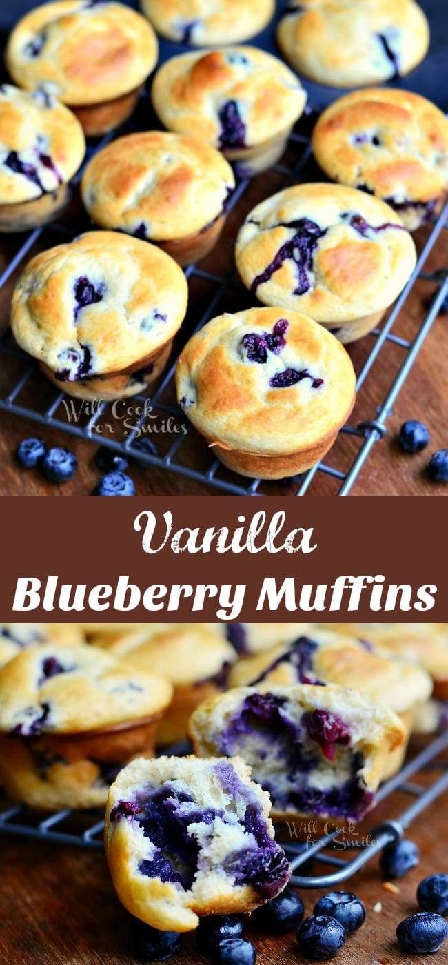 collage of two images of muffin on the cooling rack and one broken in half