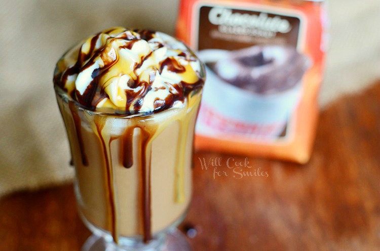 Chocolate Caramel Creamy Frozen Coffee in a glass cup 