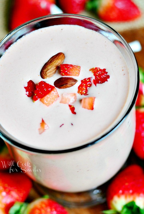 Chocolate Covered Strawberry Protein Shake with strawberries on top 