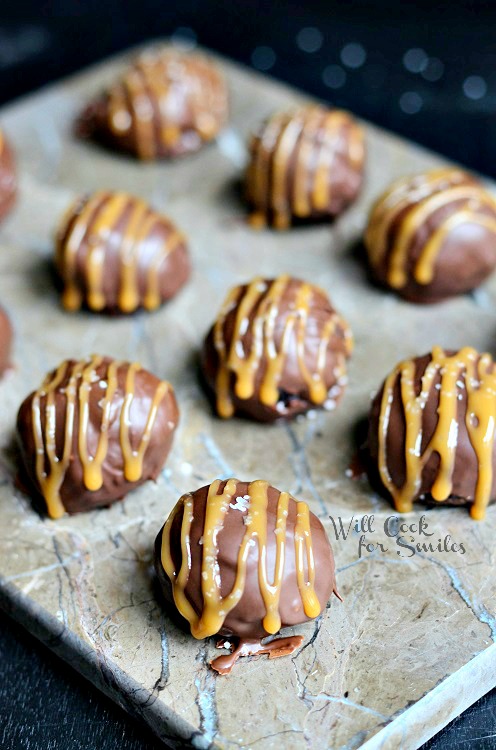 Salted Caramel Brownie Truffles on a baking sheet 