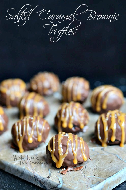 Salted Caramel Brownie Truffles on a cutting board 