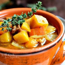 above view of winter squash beef stew in a red clay bowl on a white plate with a spoon at the right of the bowl