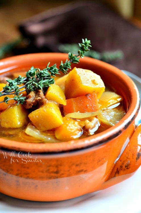 Slow Cooker Winter Squash Beef Stew 3 in an orange bowl 