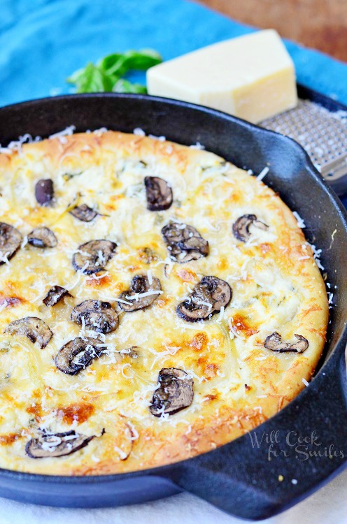 Asiago Mushroom & Onion White Pizza in a cast iron Skillet 