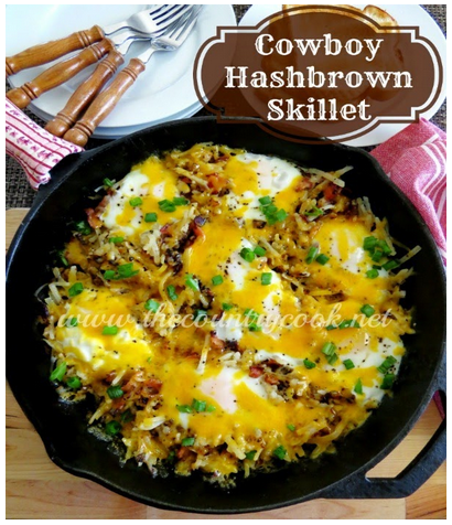 hash browns with eggs on top in a cast iron skillet 