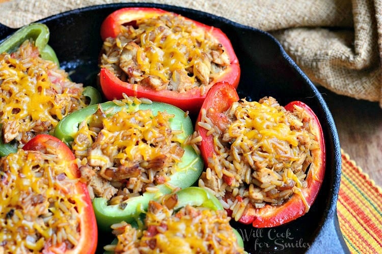 Chicken Fajita Stuffed Peppers in a cast iron skillet 