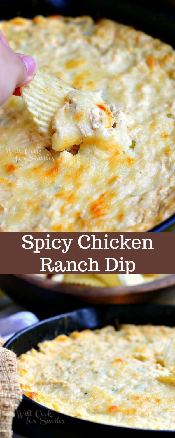 Collage photo top photo is dipping chip in Spicy Chicken Ranch dip that is on a cast iron skillet and bottom photo is spicy chicken dip in cast iron skillet 