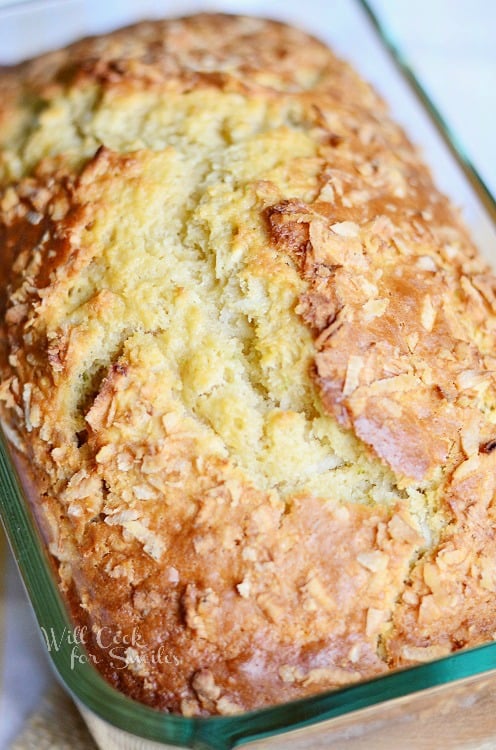 Coconut Key Lime Bread in a glass bread pan 