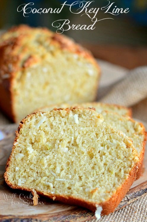 Coconut Key Lime Bread sliced up in a board 