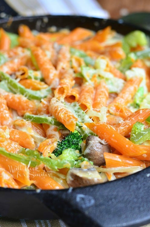 Pasta Primavera in a cast iron skillet