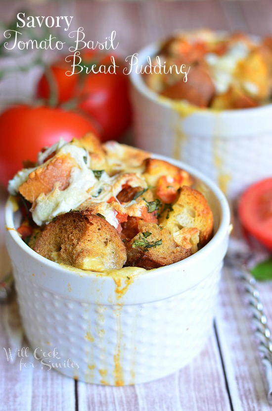 Savory Tomato Basil Bread Pudding in a ramekin 