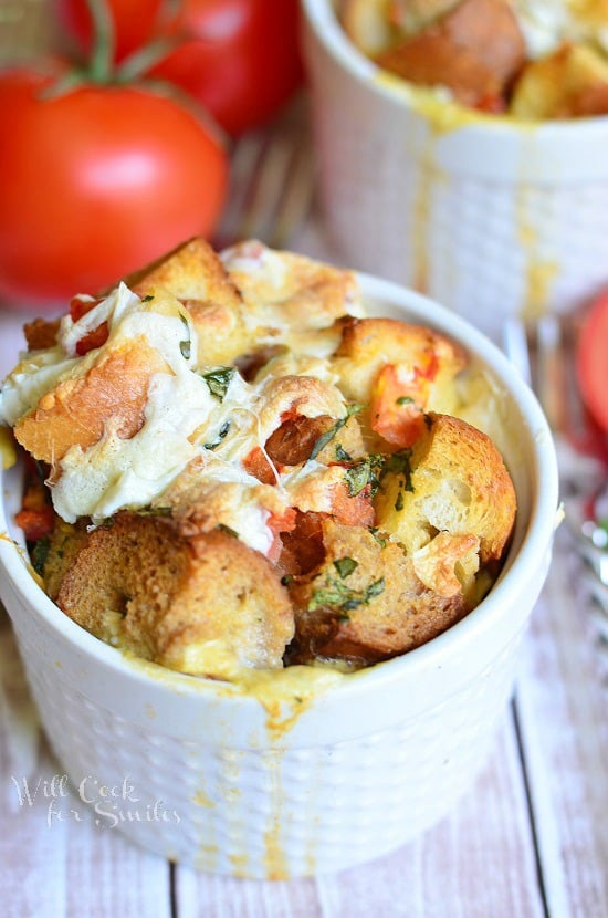 Savory Tomato Basil Bread Pudding in a ramekin 