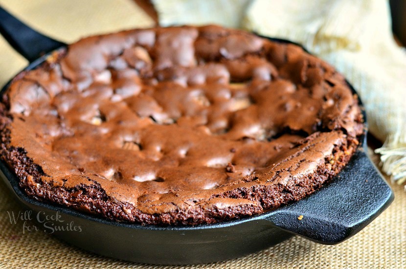 Ultimate Peanut Butter Cup Skillet Brownies in a cast iron 