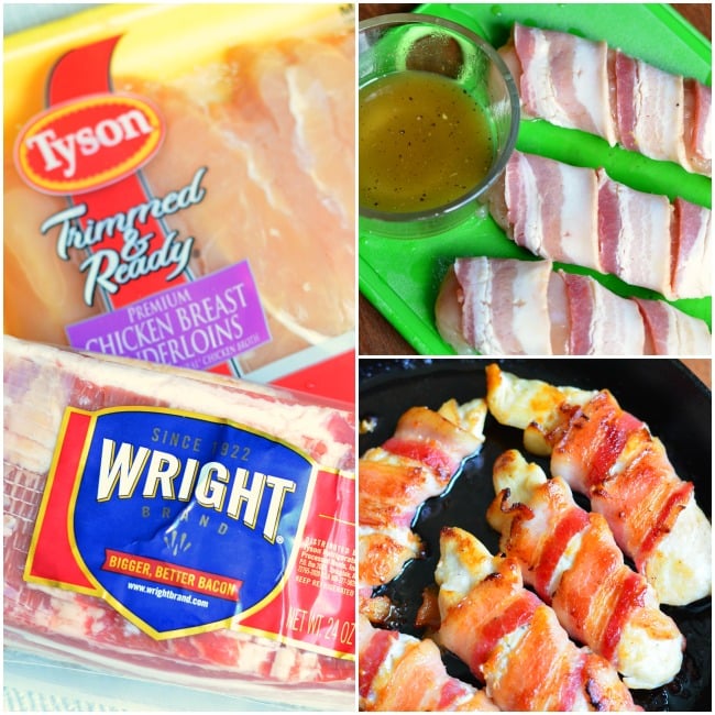 Collage 1st photo tyson chicken in package and wright bacon in package, 2nd photo sauce in a bowl and raw bacon wrapped around chicken tenderloins, last photo cooked chicken wrapped in bacon 