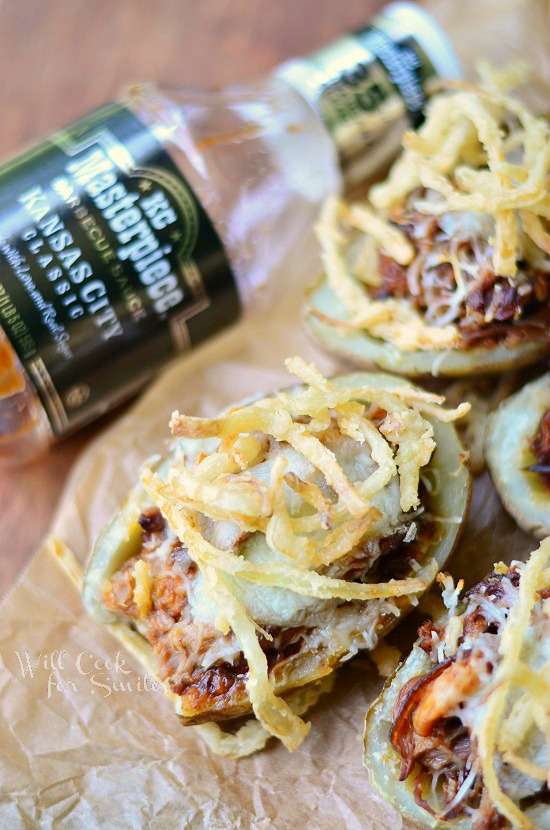 Barbecue Pulled Pork Potato Skins on wax paper 