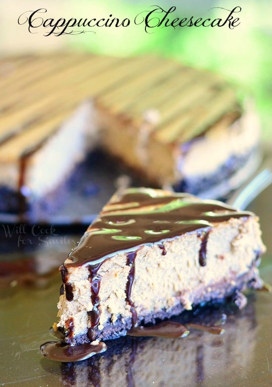 Cappuccino Cheesecake slice on a wood table 