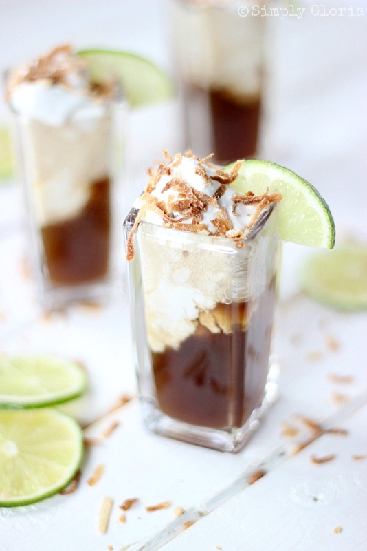 dr pepper floats with ice cream and a lime 