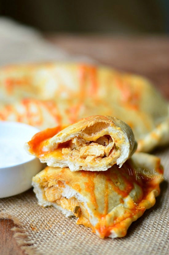 Homemade Buffalo Chicken Calzones cut in half 