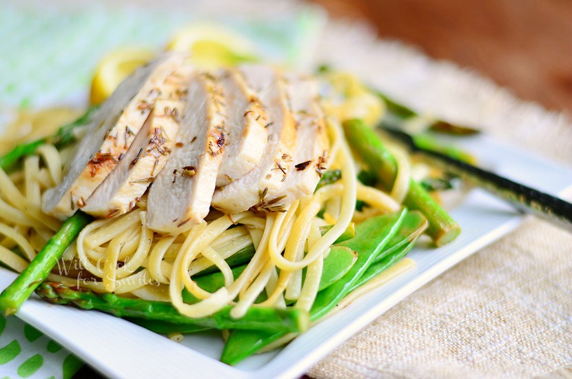  Linguine with Chicken, Asparagus and Snow Peas on a white square plate 