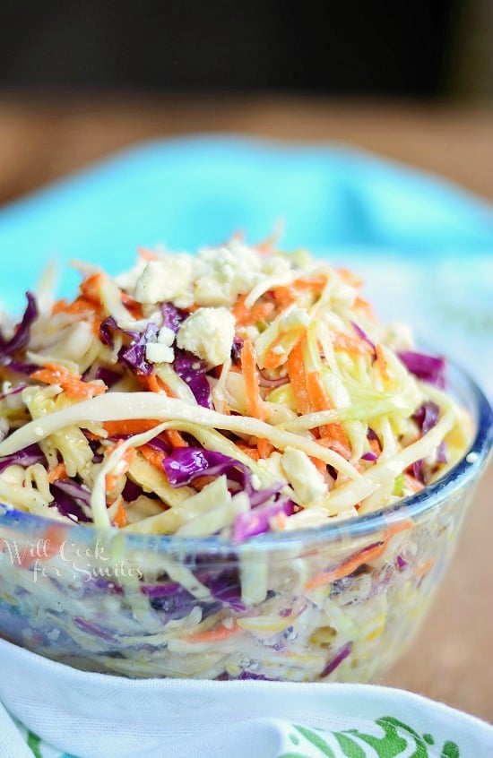 Blue Cheese Coleslaw in a clear glass bowl 