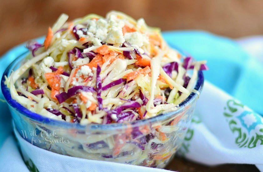 Blue Cheese Coleslaw in a clear glass bowl 